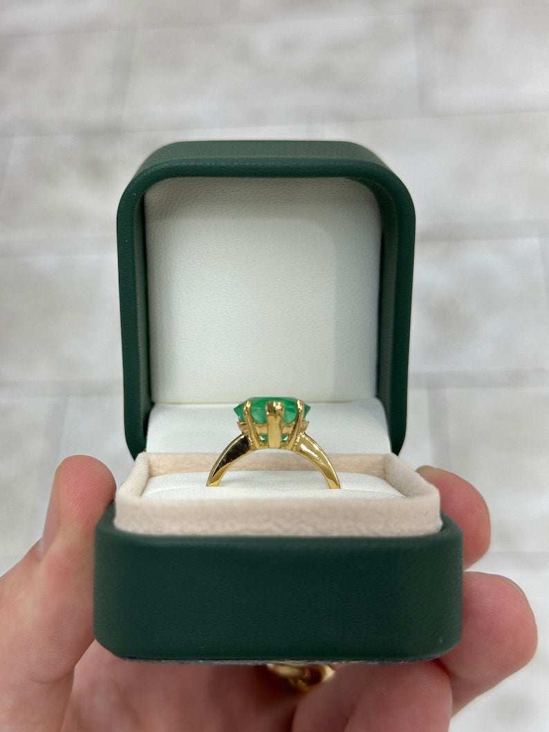 4.53ct 18K Vivid Yellowish-Green Hue Heart Cut Electric Emerald 5 Prong Solitaire Statement Ring in 750 Gold - JR Colombian Emeralds