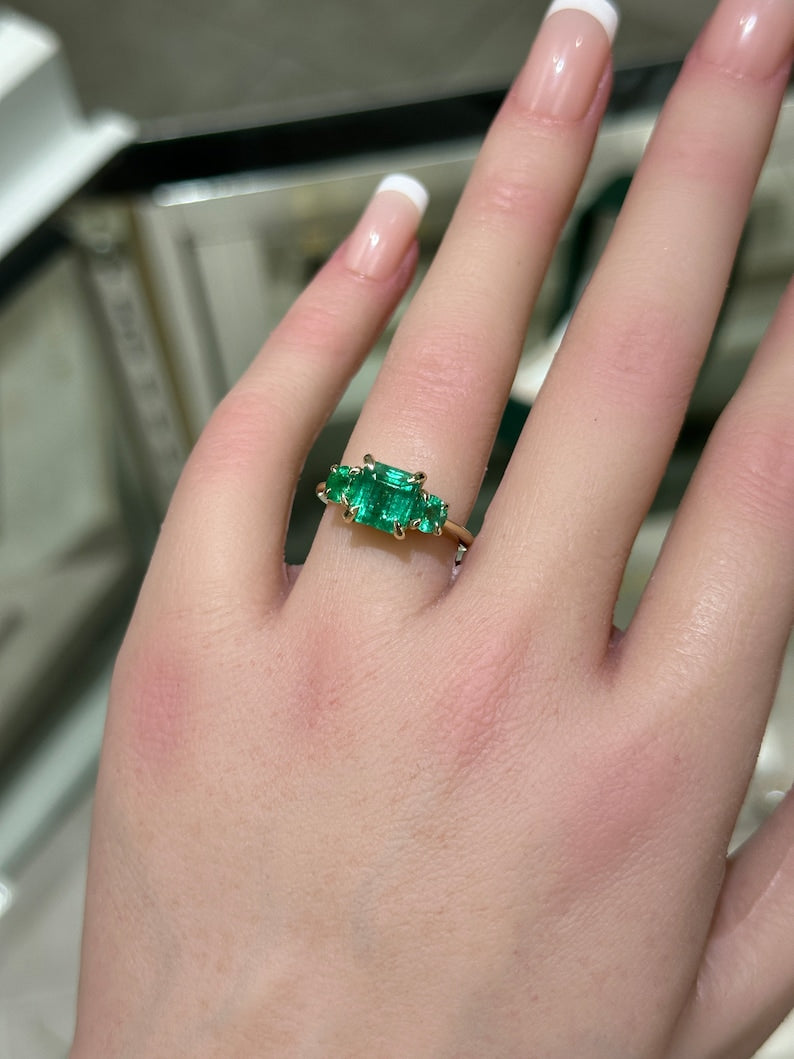 Captivating Trilogy Ring: 14K Gold Setting with 3.01tcw Asscher and Round Cut Emeralds in Green Hues