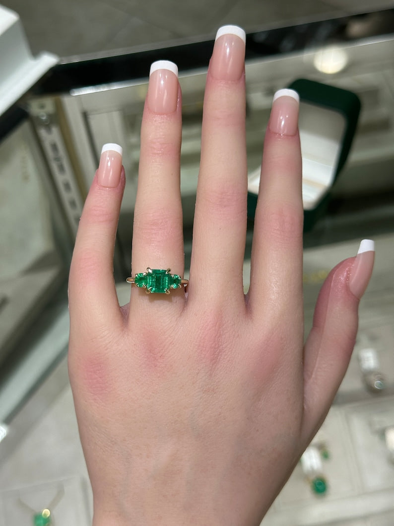 Luxurious 14K Ring with Trilogy Design and Exquisite Asscher & Round Cut Emeralds, 3.01tcw