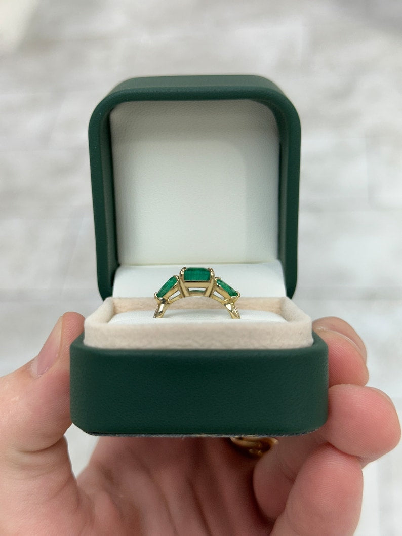 3.08tcw 14K Natural Emerald Cut Emerald & Pear Lush Dark Green Three Stone Ring - JR Colombian Emeralds