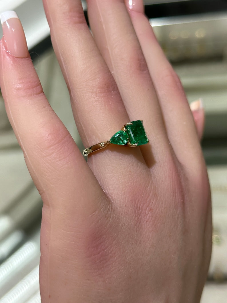 Captivating Dark Green Emerald Ring: 3.08tcw, 14K 585 Gold, Asscher & Pear Stones