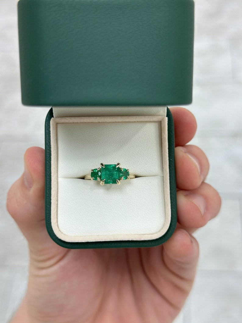 3.08tcw 14K Natural Emerald Cut Emerald & Pear Lush Dark Green Three Stone Ring - JR Colombian Emeralds