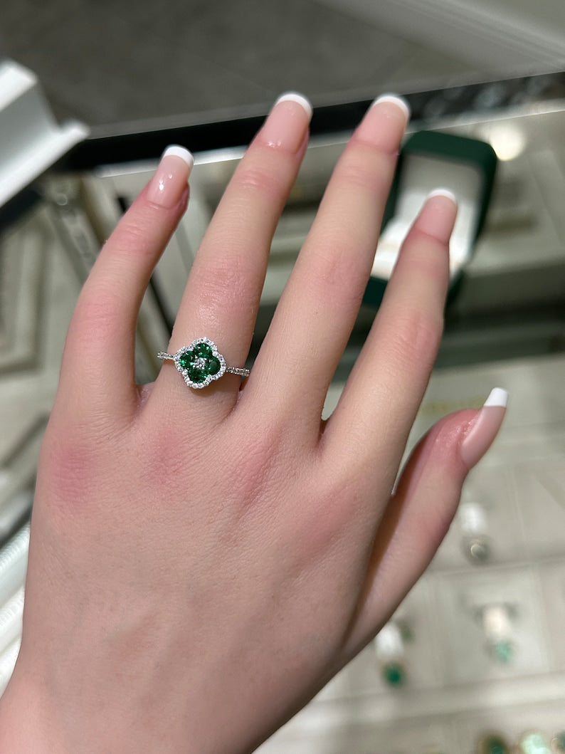 Stunning 0.95tcw Oval Emerald and Diamond Halo Ring in 14K White Gold