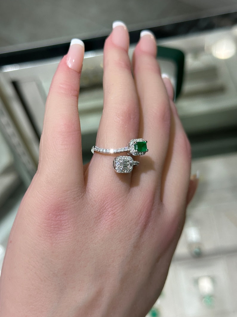 1.51tcw 14K Dark Vivid Green Baguette Emerald Round Cut & Brilliant Toi ET Moi White Gold Bypass Shank Ring - JR Colombian Emeralds