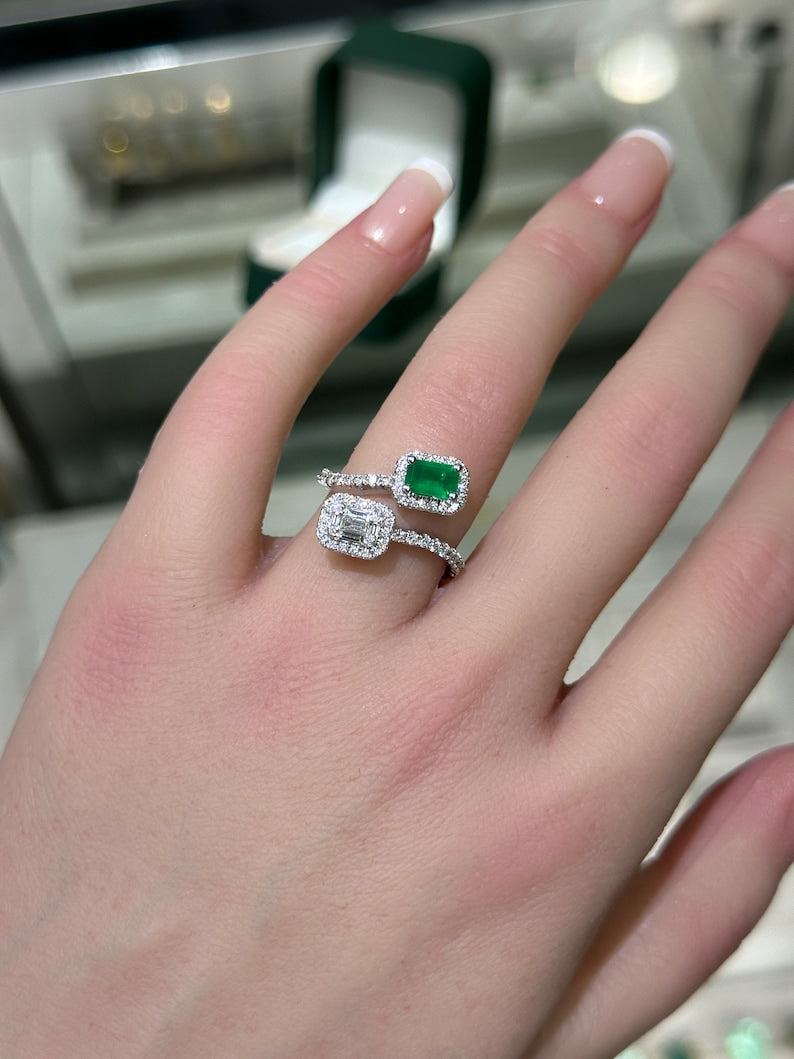 14K White Gold Toi ET Moi Ring Showcasing a 1.51tcw Combination of Dark Green Baguette Emerald and Brilliant Round Cut Stones