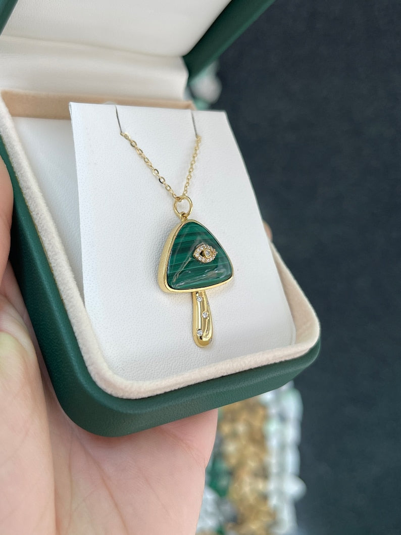 15.45tcw 14K Natural Malachite & Diamond Mushroom Evil Eye Pendant Necklace