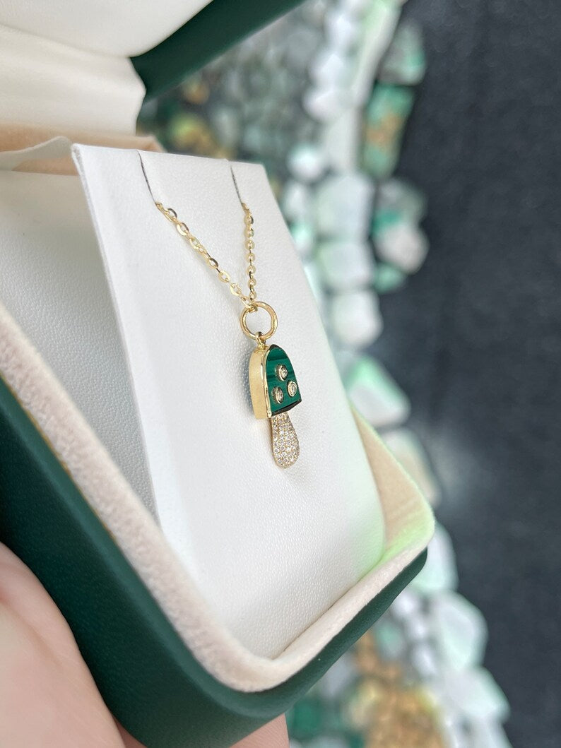 Luxurious Malachite and Diamond Jewelry: 14K Gold Mini Mushroom Pendant Necklace - 3.13tcw