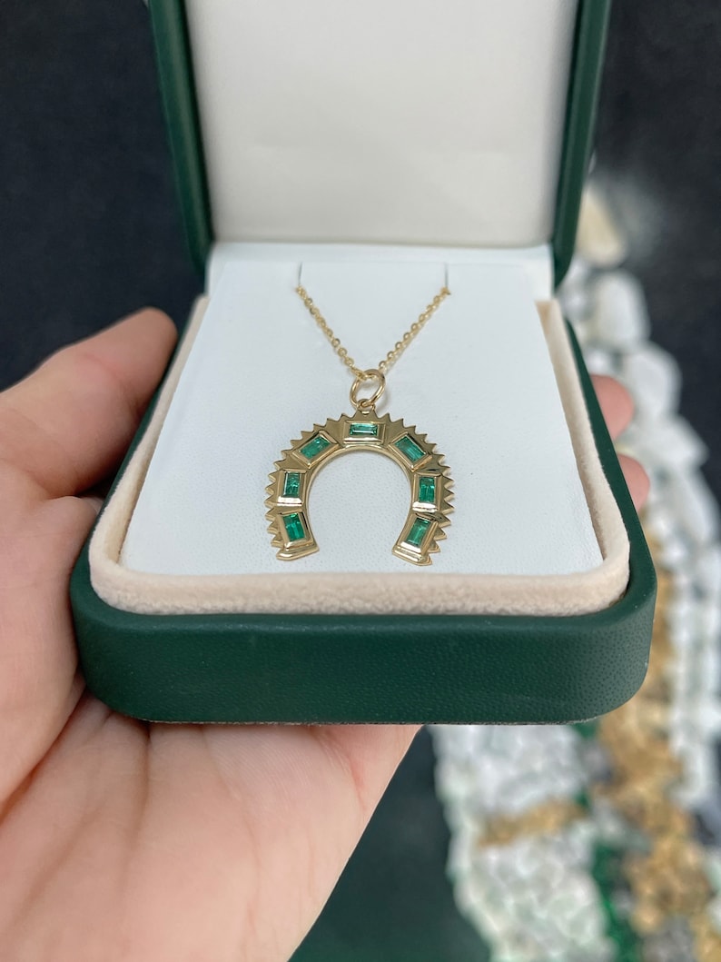 0.90tcw 14K Natural Earth Mined Baguette Emerald Horse Shoe Pendant Necklace - JR Colombian Emeralds