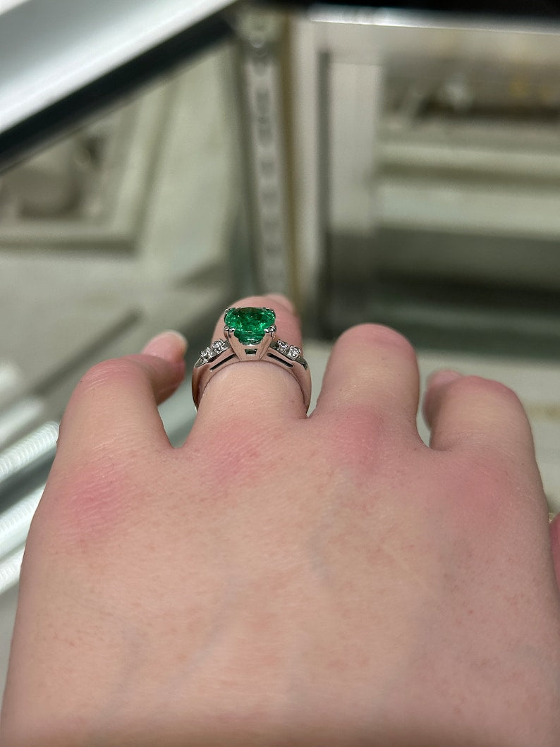 2.40tcw 14K High-Quality Cushion Emerald & Diamond Accent 5 Stone Engagement Ring - JR Colombian Emeralds