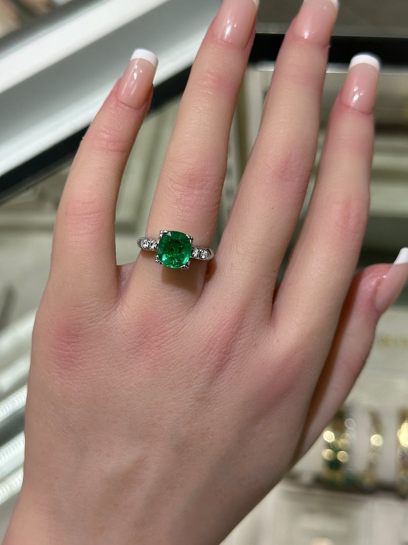 14K Gold Engagement Ring with 2.40tcw Cushion Emerald and Diamond Highlights