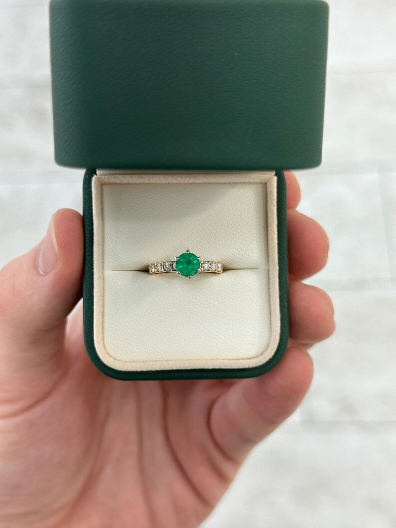 1.26tcw 14K Round Medium Dark Green 6 Prong Emerald & Diamond Shank Two Toned Engagement Ring - JR Colombian Emeralds