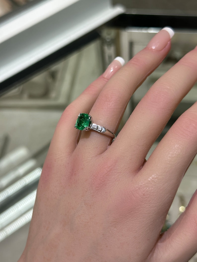 Captivating 5 Stone Ring: 2.40tcw Cushion Emerald & Diamond Accents in 14K Gold