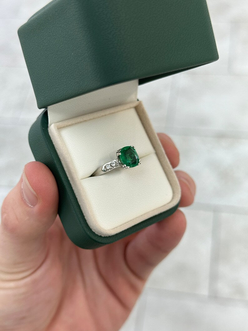 2.40tcw 14K High-Quality Cushion Emerald & Diamond Accent 5 Stone Engagement Ring - JR Colombian Emeralds