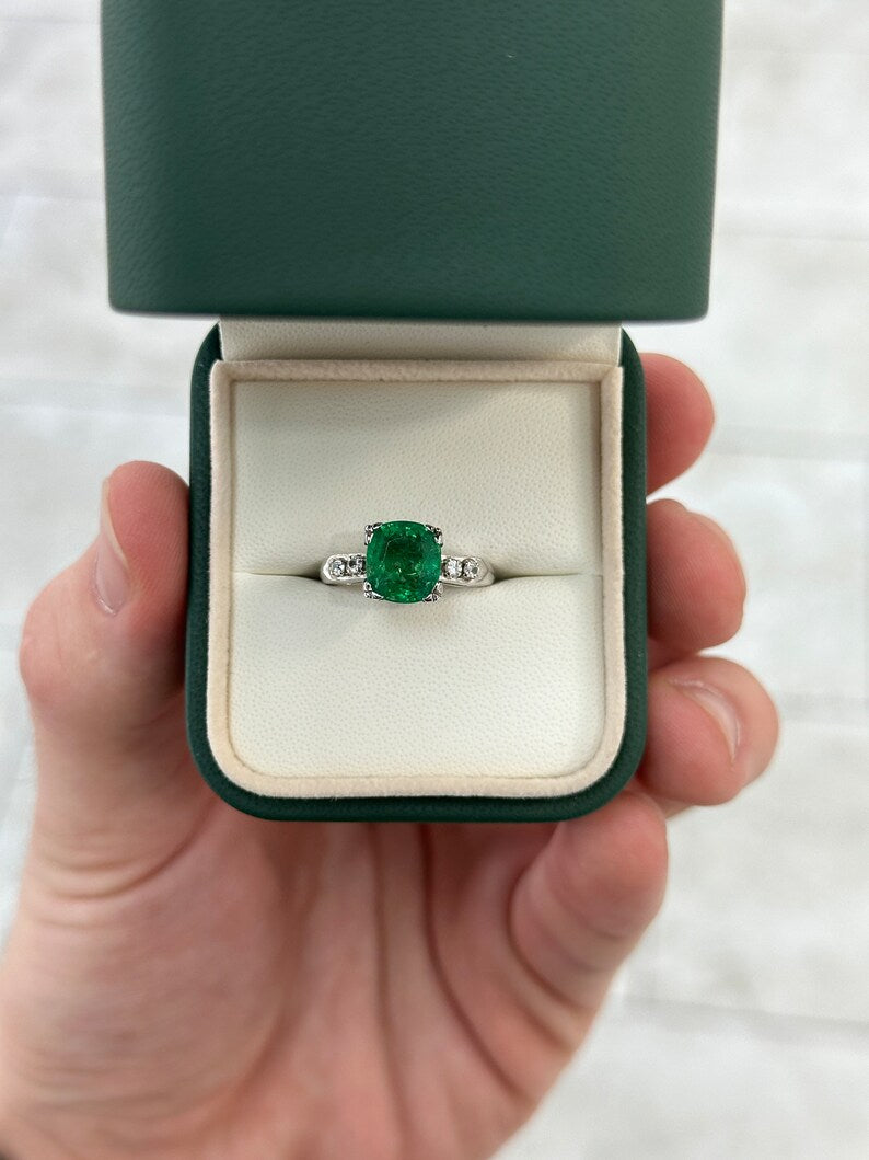 2.40tcw 14K High-Quality Cushion Emerald & Diamond Accent 5 Stone Engagement Ring - JR Colombian Emeralds