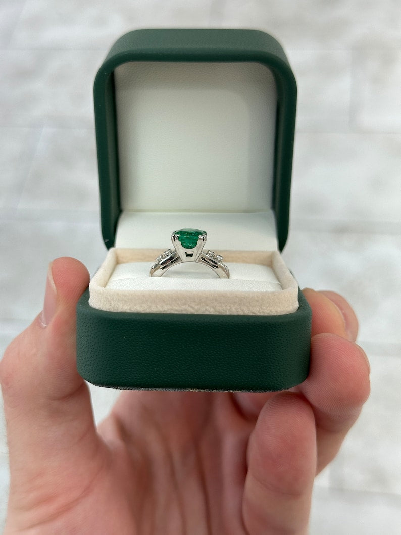 2.40tcw 14K High-Quality Cushion Emerald & Diamond Accent 5 Stone Engagement Ring - JR Colombian Emeralds