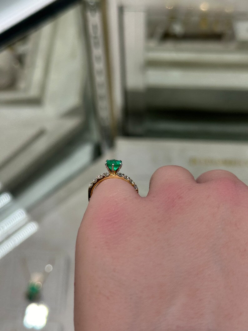 1.26tcw 14K Round Medium Dark Green 6 Prong Emerald & Diamond Shank Two Toned Engagement Ring