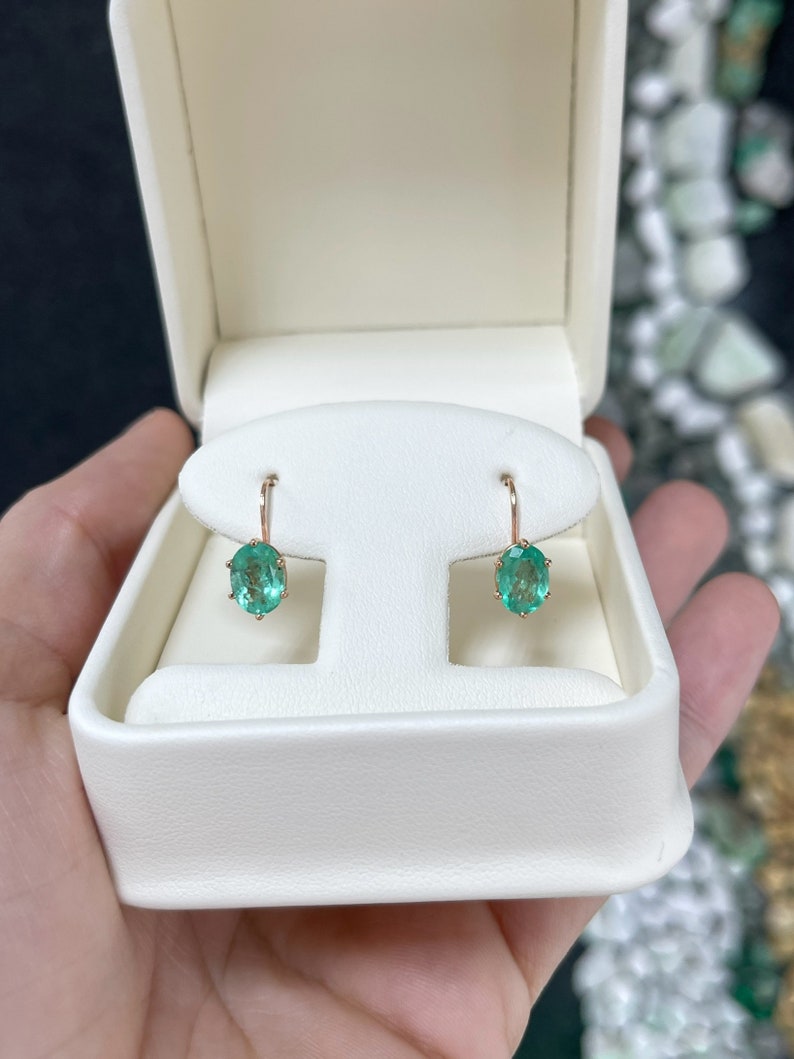 3.0tcw 14K Rose Gold Oval Cut Medium Green Colombian Emerald 6 Prong Lever Back Earrings - JR Colombian Emeralds