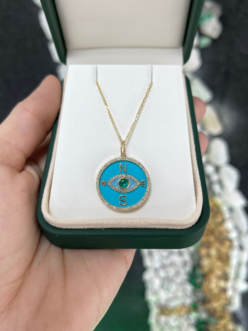 Exquisite 14K Necklace: Natural Emerald & Diamond Turquoise Evil Eye Pendant