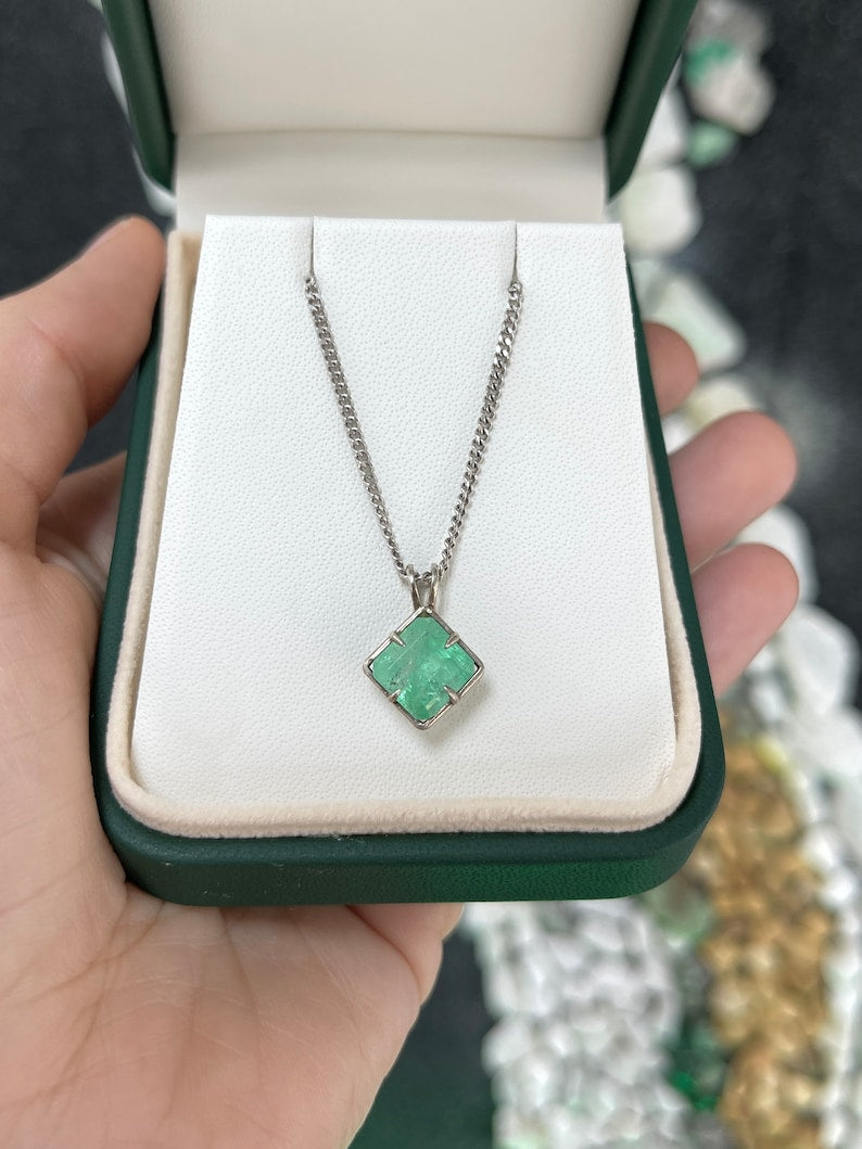 Emerald Sterling Silver Pendant: 3.32ct Asscher Cut Gemstone, Split Bale Style