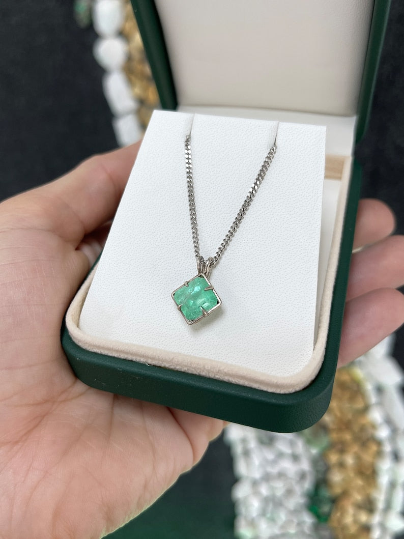 3.32ct SS Natural Asscher Cut Four Prong Light Medium Green Emerald Split Bale Sterling Silver Pendant - JR Colombian Emeralds