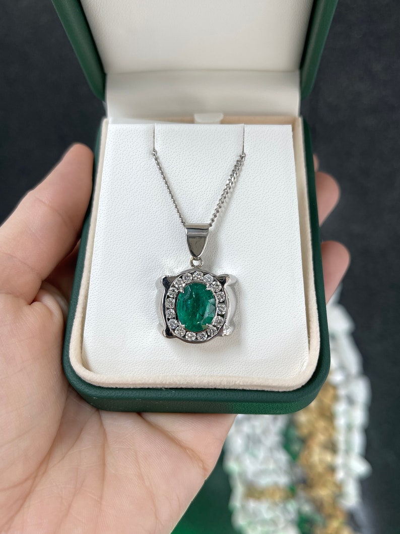 5.36tcw Men's Lush Rich Green Oval Cut Emerald & Diamond Halo Pendant 14K