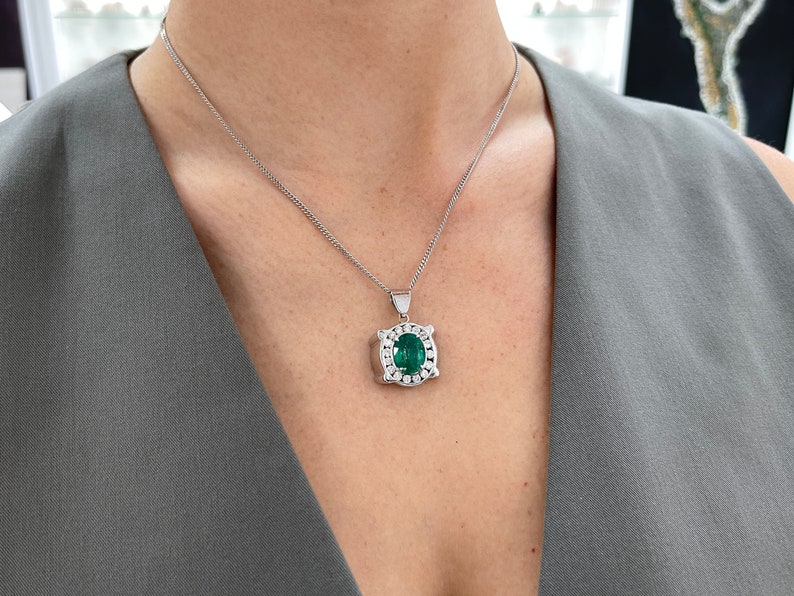 5.36tcw 14K 585 White Gold Unisex Men's Lush Rich Green Oval Cut Emerald & Diamond Halo Pendant - JR Colombian Emeralds