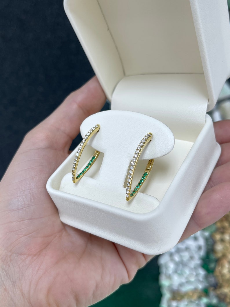 1.51tcw 14K Gold Vivid Lush Green V Drop Hoop Natural Round Cut Diamond & Emerald Hoop Earrings - JR Colombian Emeralds