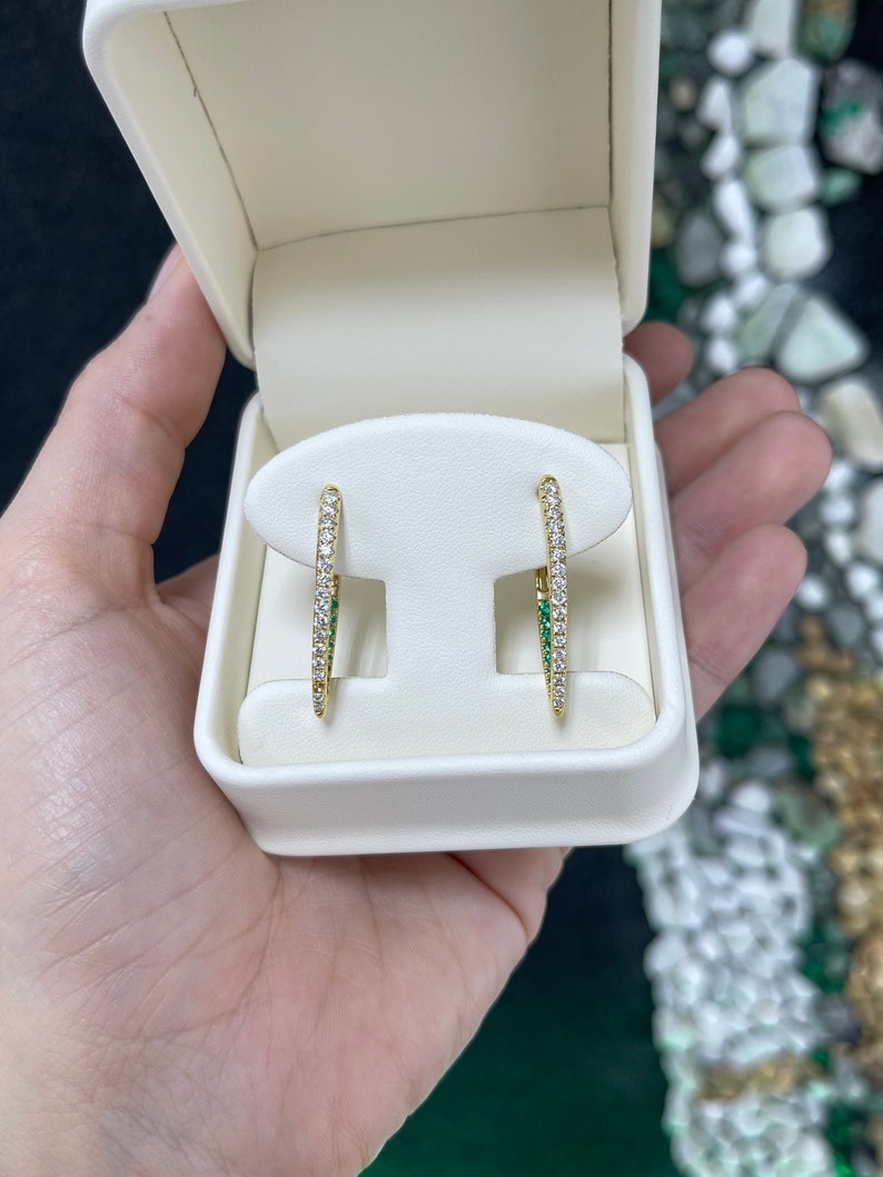 1.51tcw 14K Gold Vivid Lush Green V Drop Hoop Natural Round Cut Diamond & Emerald Hoop Earrings - JR Colombian Emeralds