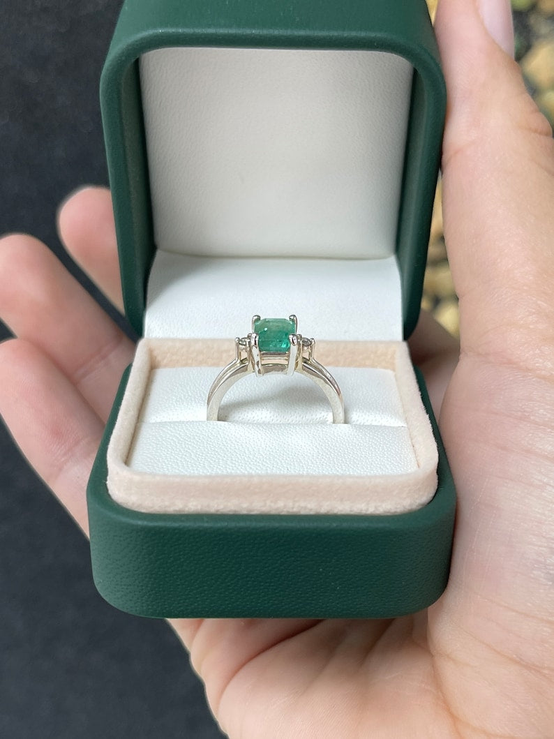 1.92tcw SS Natural Medium Green Brilliant Round Emerald Cut Diamond Three Stone Sterling Silver Ring - JR Colombian Emeralds