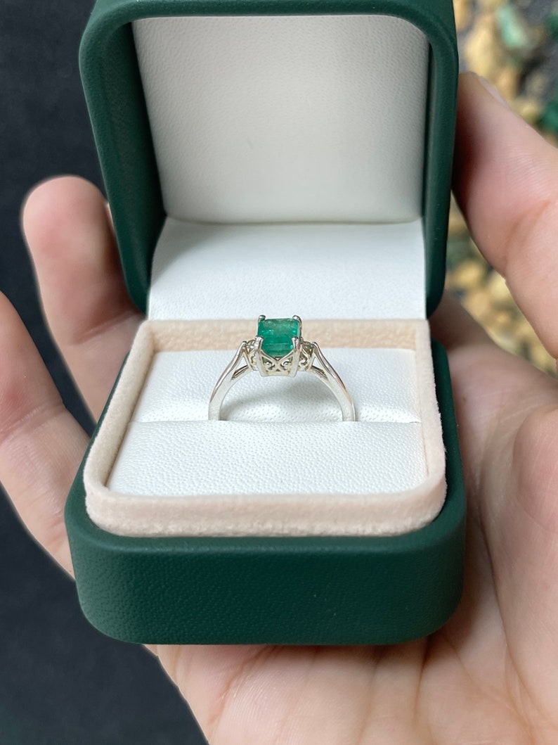 1.50tcw SS Brilliant Round Cut Lush Green Emerald Cut Champagne Diamond Three Stone Sterling Silver Ring - JR Colombian Emeralds