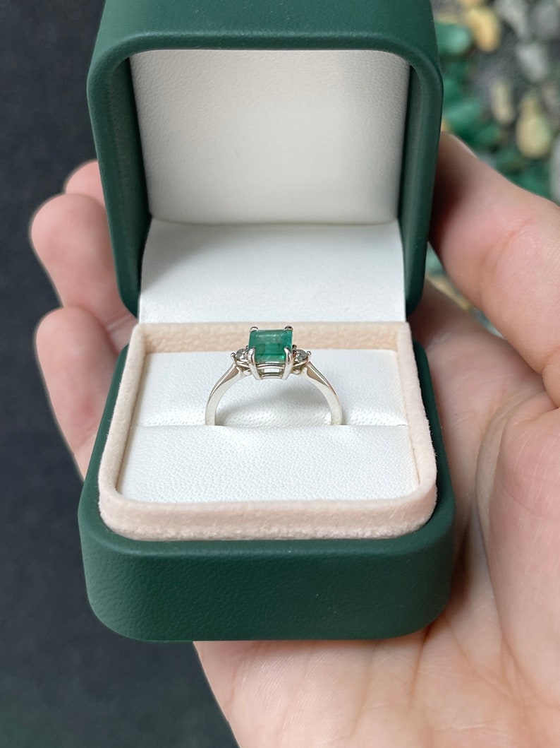 3-Stone Sterling Silver Ring with Genuine Emerald and Unique Salt & Pepper Diamond Accents