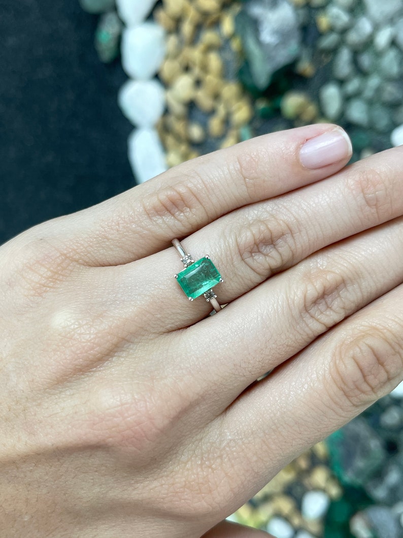 1.70tcw SS Medium Green Emerald Cut Brilliant Round Diamond Accent 3 Stone Sterling Silver Ring - JR Colombian Emeralds