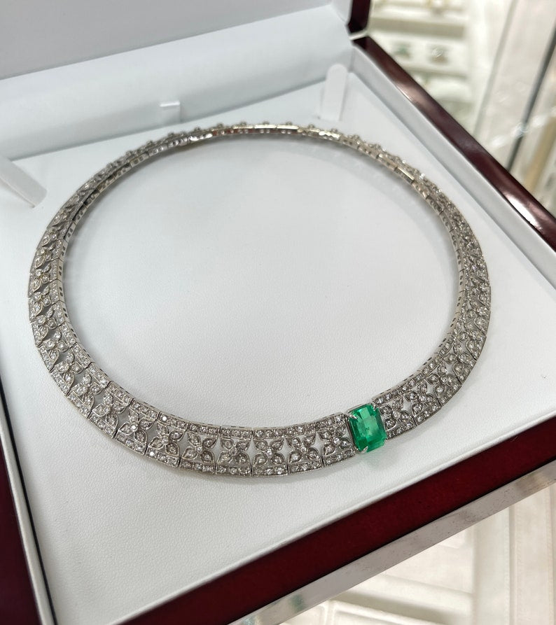 10.62tcw Minor Oil 18K Royal Floral Diamond Statement Emerald Choker Necklace - JR Colombian Emeralds