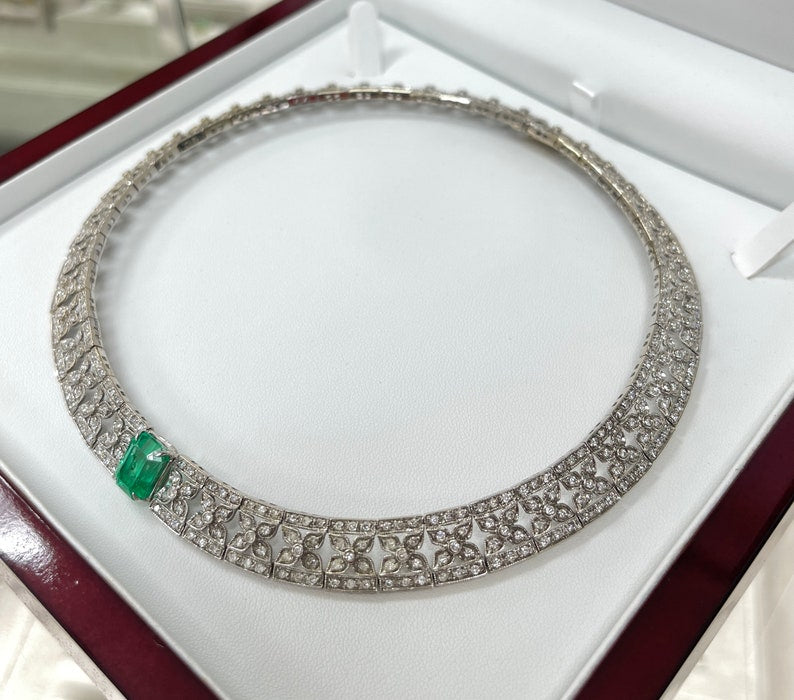 10.62tcw Minor Oil 18K Royal Floral Diamond Statement Emerald Choker Necklace - JR Colombian Emeralds