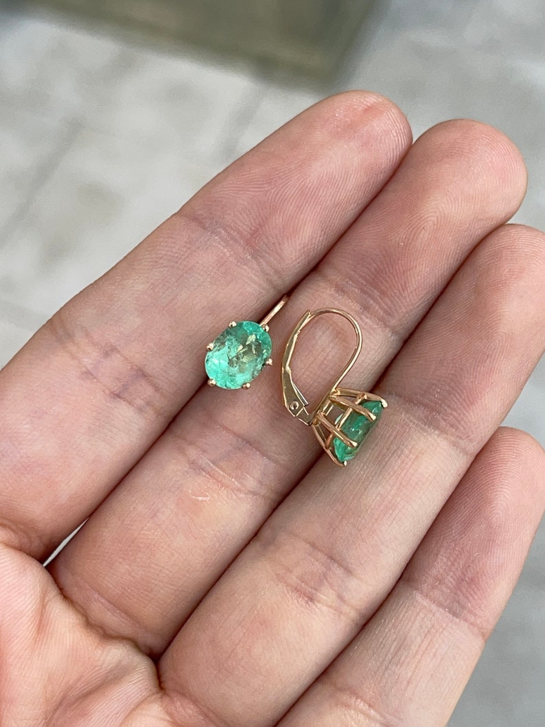 3.0tcw 14K Rose Gold Oval Cut Medium Green Colombian Emerald 6 Prong Lever Back Earrings - JR Colombian Emeralds