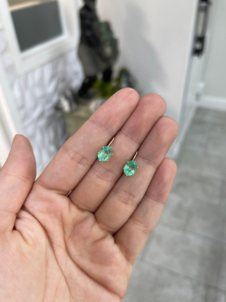 3.0tcw 14K Rose Gold Oval Cut Medium Green Colombian Emerald 6 Prong Lever Back Earrings - JR Colombian Emeralds