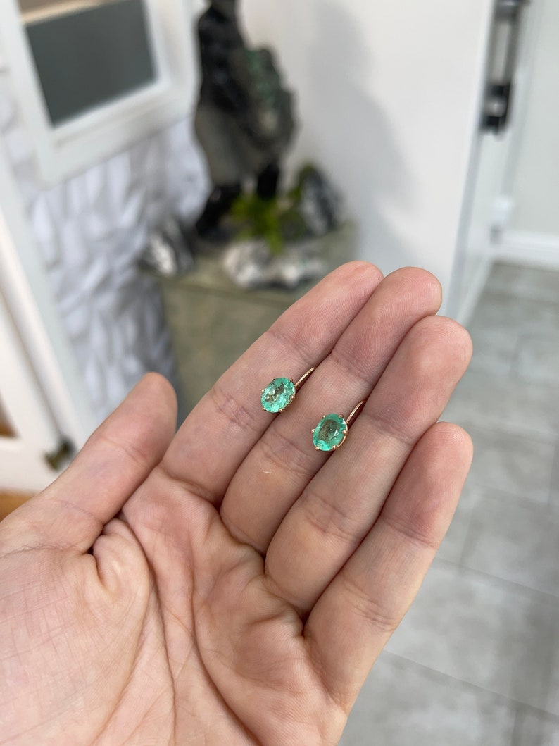 3.0tcw 14K Rose Gold Oval Cut Medium Green Colombian Emerald 6 Prong Lever Back Earrings - JR Colombian Emeralds