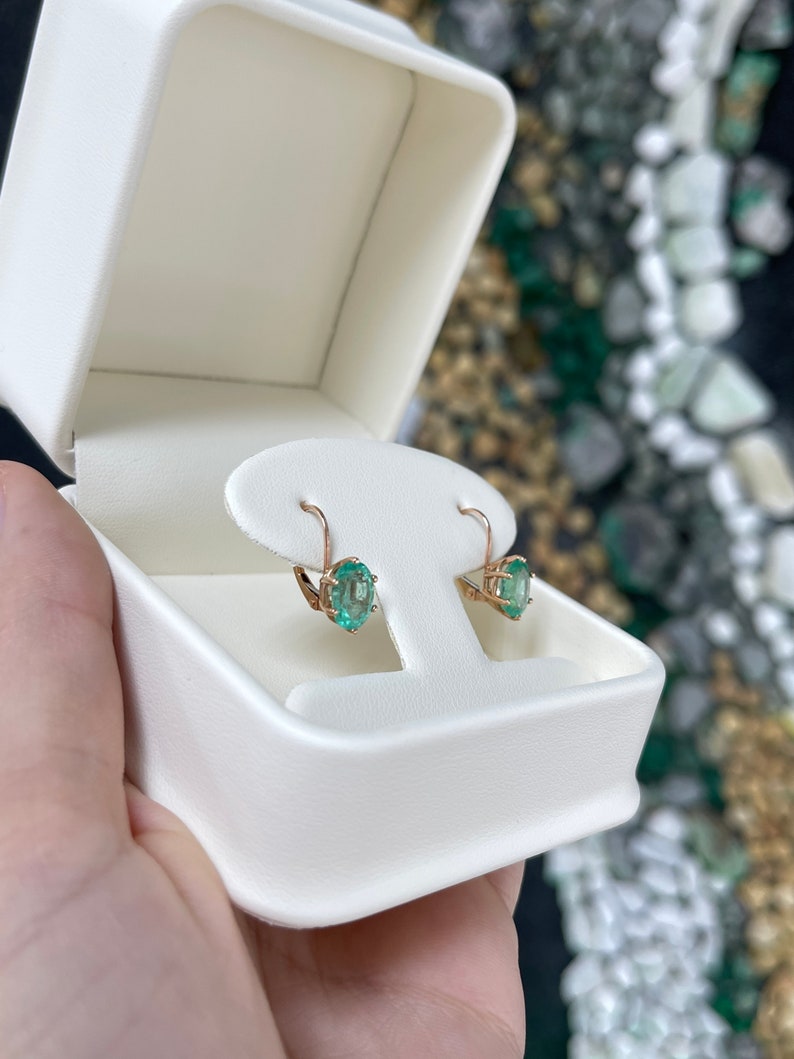 3.0tcw 14K Rose Gold Oval Cut Medium Green Colombian Emerald 6 Prong Lever Back Earrings - JR Colombian Emeralds