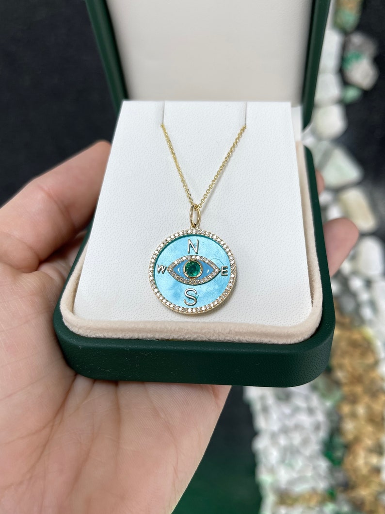 Eye-Catching 0.76tcw 14K Turquoise Compass Pendant Necklace with Emerald & Diamonds