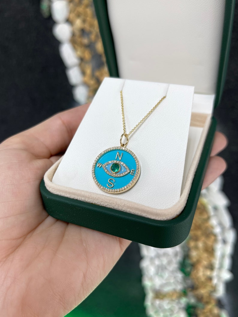 0.76tcw 14K Natural Medium Dark Green Round Emerald & Diamond Turquoise Compass Evil Eye Pendant Necklace - JR Colombian Emeralds