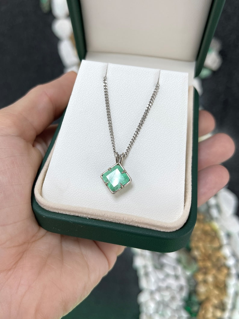 3.32ct SS Natural Asscher Cut Four Prong Light Medium Green Emerald Split Bale Sterling Silver Pendant - JR Colombian Emeralds