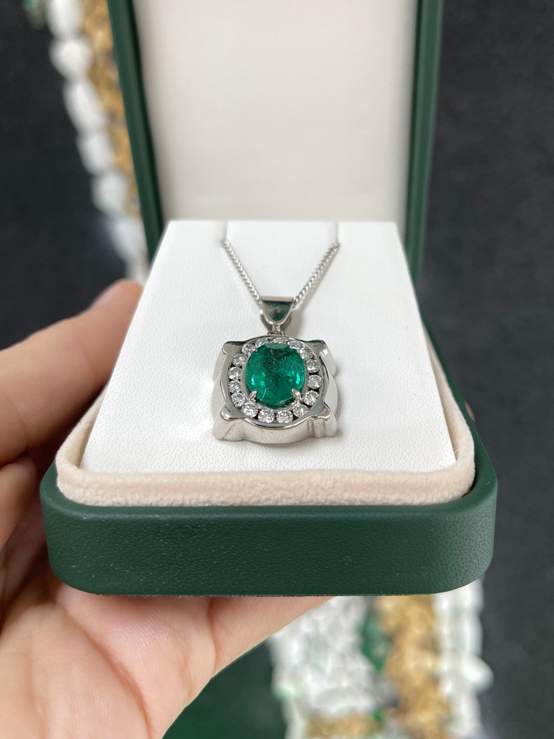 5.36tcw 14K 585 White Gold Unisex Men's Lush Rich Green Oval Cut Emerald & Diamond Halo Pendant - JR Colombian Emeralds