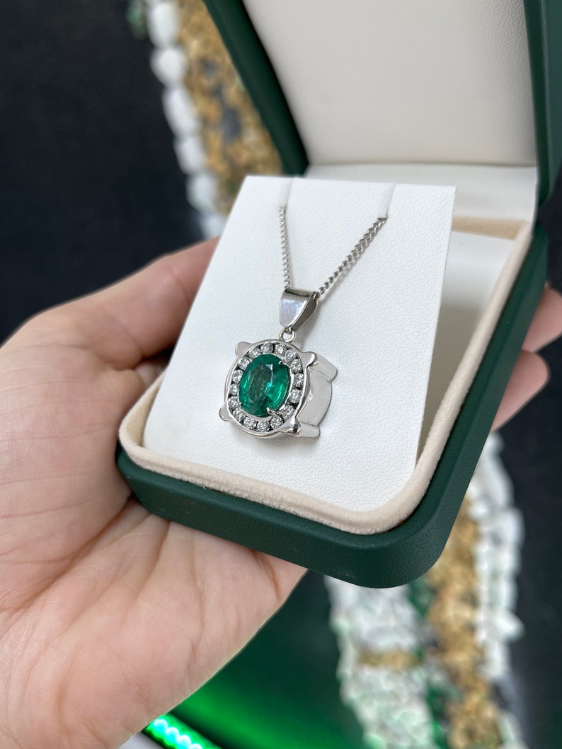 5.36tcw 14K 585 White Gold Unisex Men's Lush Rich Green Oval Cut Emerald & Diamond Halo Pendant - JR Colombian Emeralds