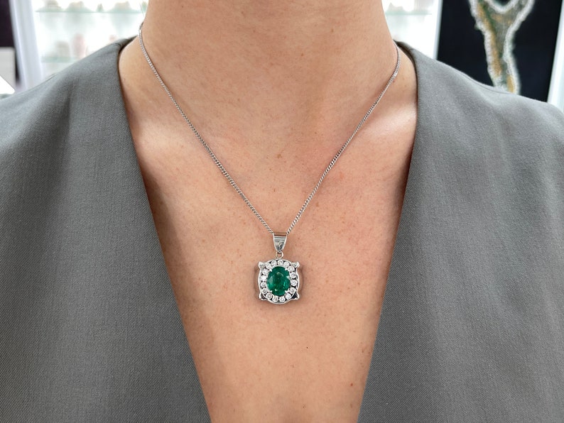 5.36tcw 14K 585 White Gold Unisex Men's Lush Rich Green Oval Cut Emerald & Diamond Halo Pendant - JR Colombian Emeralds