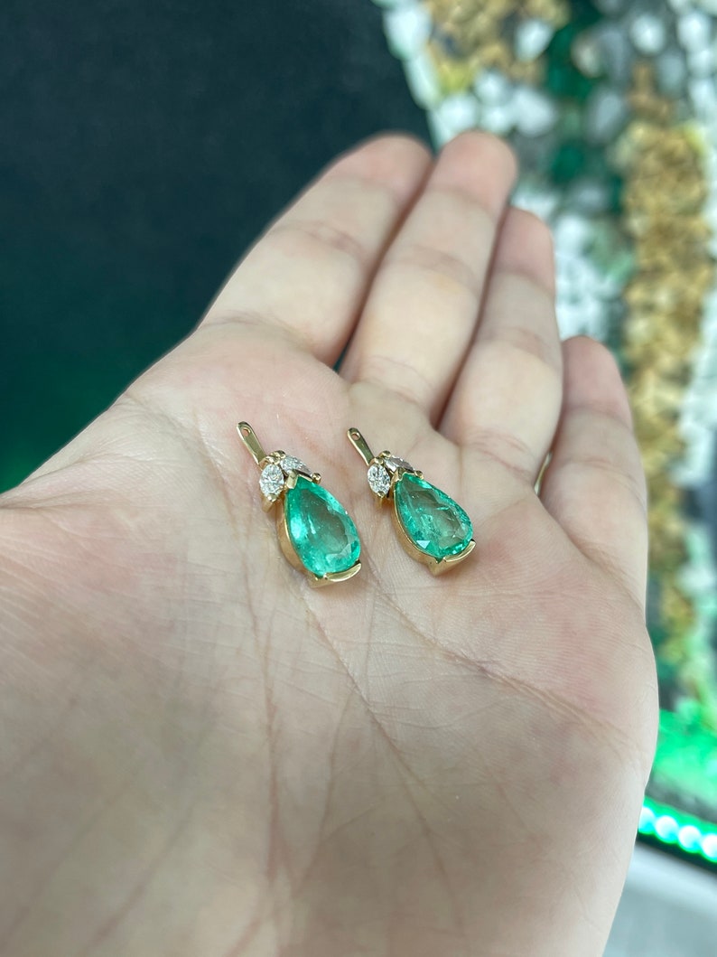 7.97tcw 18K Pear Cut Green Teardrop Emerald & Marquise Diamond Floral Earring Jackets - JR Colombian Emeralds