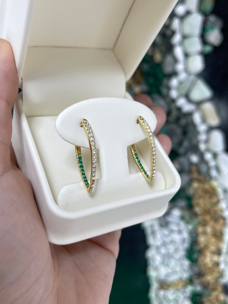 1.51tcw 14K Gold Vivid Lush Green V Drop Hoop Natural Round Cut Diamond & Emerald Hoop Earrings - JR Colombian Emeralds