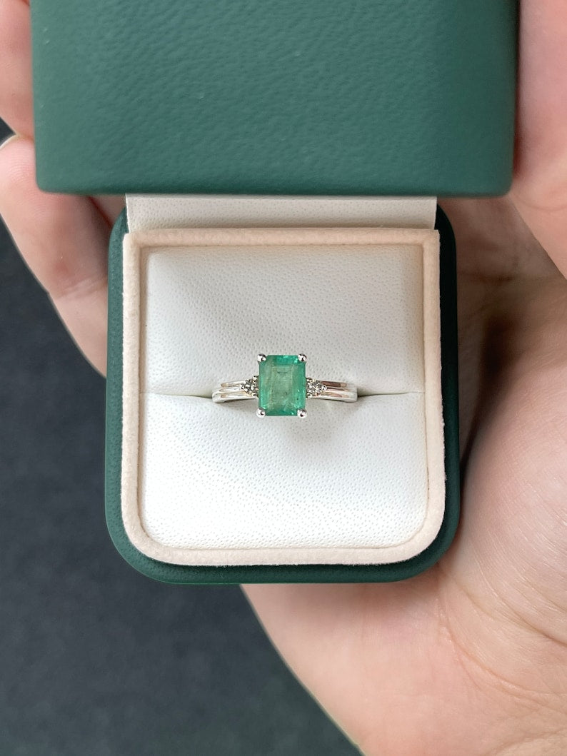 1.92tcw SS Natural Medium Green Brilliant Round Emerald Cut Diamond Three Stone Sterling Silver Ring - JR Colombian Emeralds