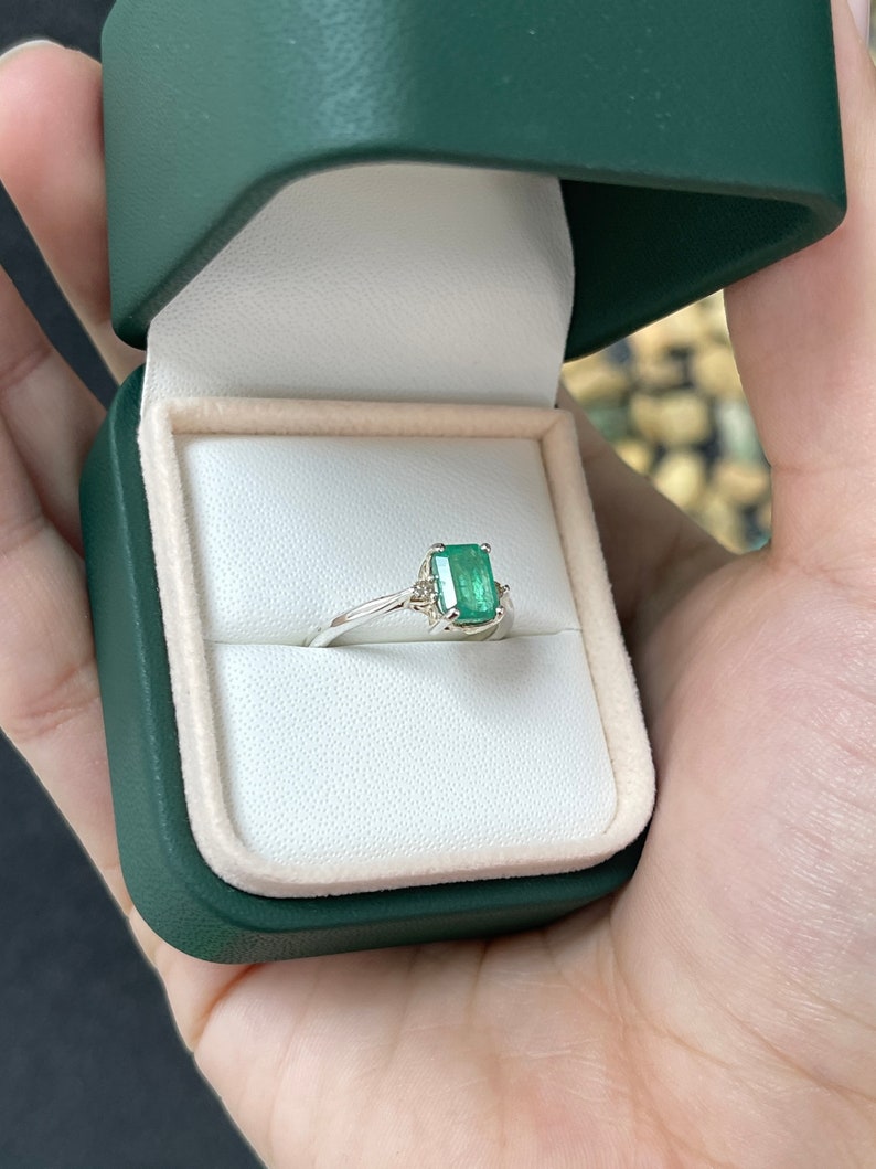 1.50tcw SS Brilliant Round Cut Lush Green Emerald Cut Champagne Diamond Three Stone Sterling Silver Ring - JR Colombian Emeralds