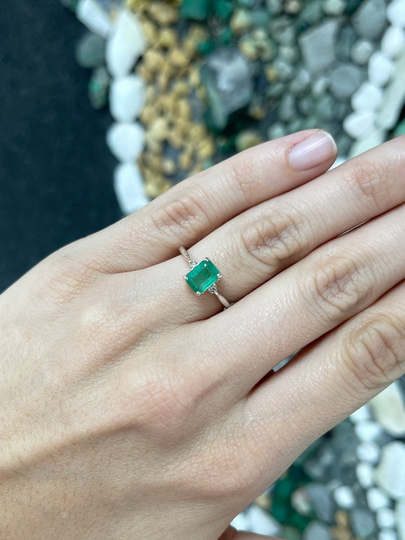 1.50tcw SS Brilliant Round Cut Lush Green Emerald Cut Champagne Diamond Three Stone Sterling Silver Ring - JR Colombian Emeralds