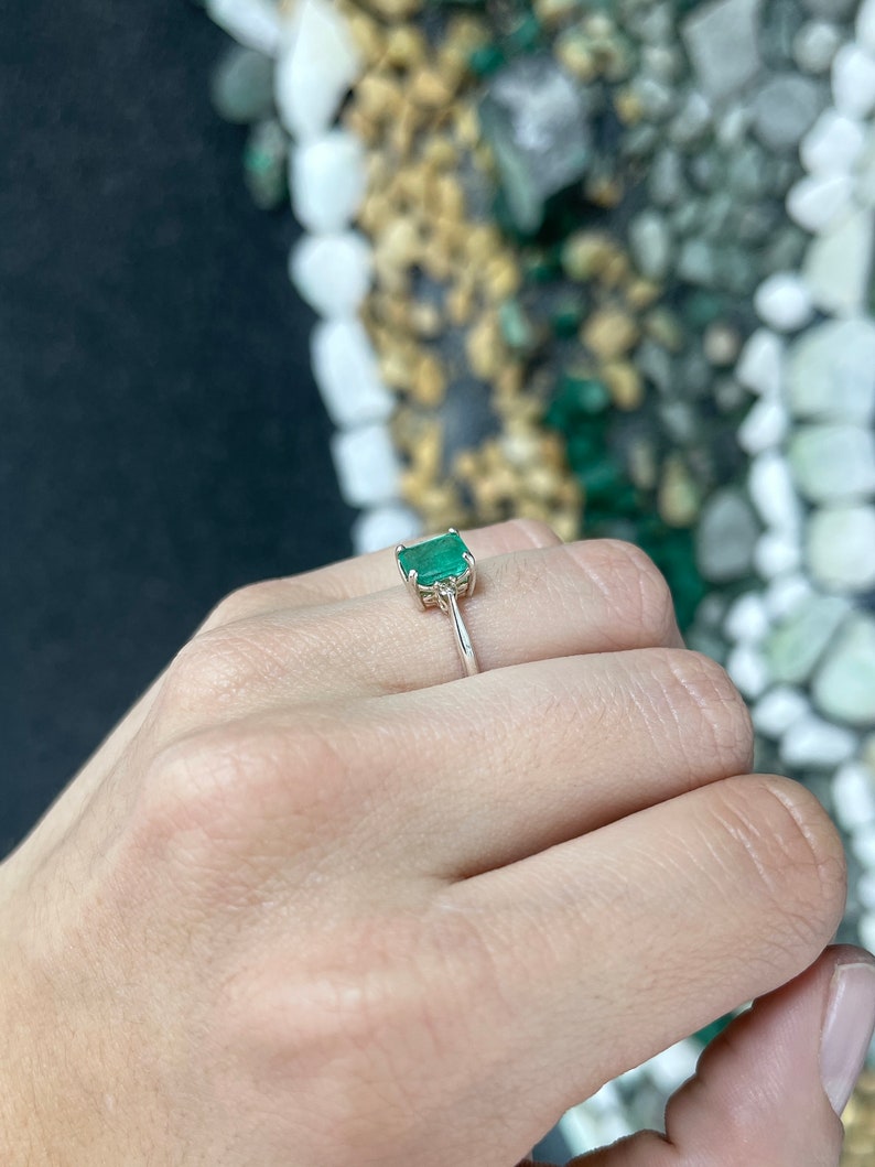 1.50tcw SS Brilliant Round Cut Lush Green Emerald Cut Champagne Diamond Three Stone Sterling Silver Ring - JR Colombian Emeralds